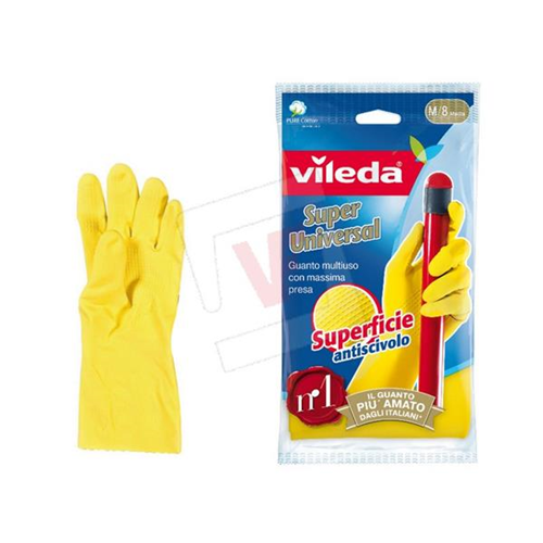 Prodotto: 85073 - GUANTI VILEDA SUPER UNIVERSAL MONOUSO IN LATTICE NATURALE  E COTONE RESISENTI E ANTISTRAPPO GUANTI USA E GETTA LUNGHI CON ANTISCIVOLO  PER PULIZIA CUCINA TAGLIA M - House ( - Pulizia della Casa); 43210