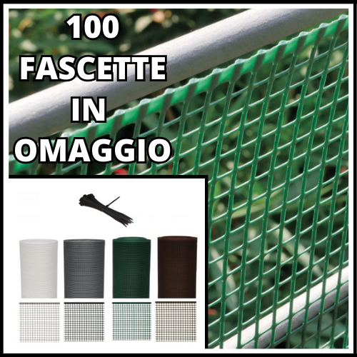 Prodotto: 198209 - RETE BALCONE PER RINGHIERA METALLICA CANCELLI RECINZIONE  PROTETTIVA IN PLASTICA DECORATIVE A MAGLIA QUADRATA 100 FASCETTE  PLASTIFICATE IN DOTAZIONE - Hobby ( - Reti Metalliche e per Balconi);